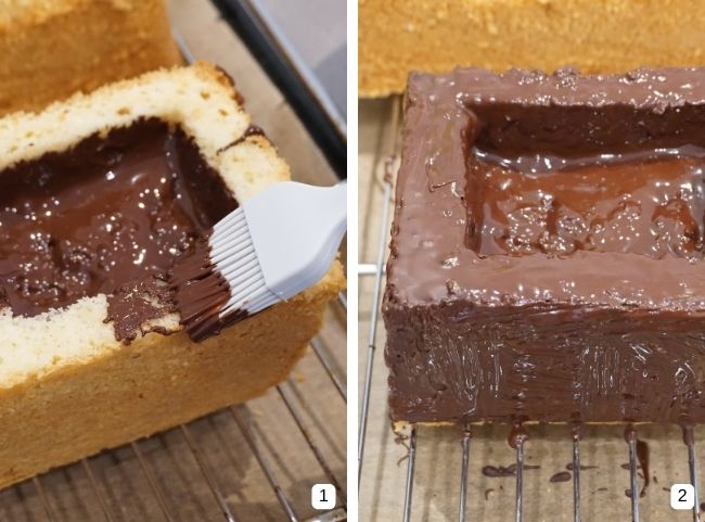 Eisenbahn-Kuchen - mit Kuvert&uuml;re bestreichen